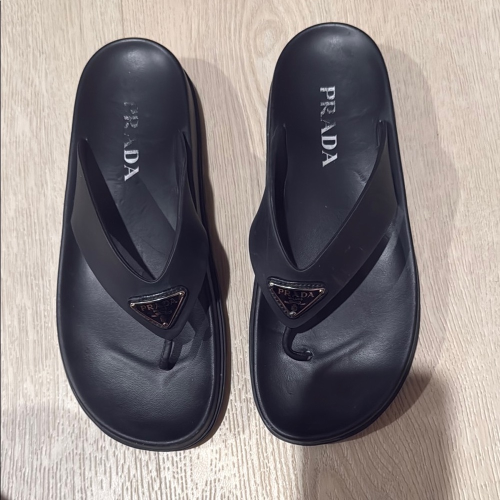 Prada Black Logo Flip Flops